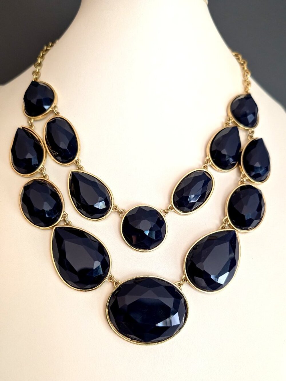 Dark navy resin bead statement necklace with gold accents